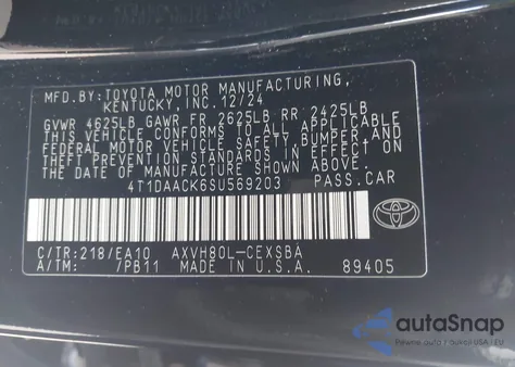 2025 Toyota Camry Se from USA, damaged, VIN 4T1DAACK6SU569203